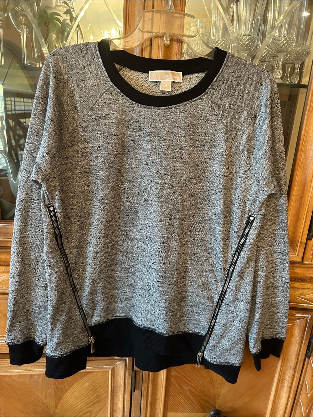 Michael Kors Gray Heather Knit Sweatshirt with Black Ribbed Neck